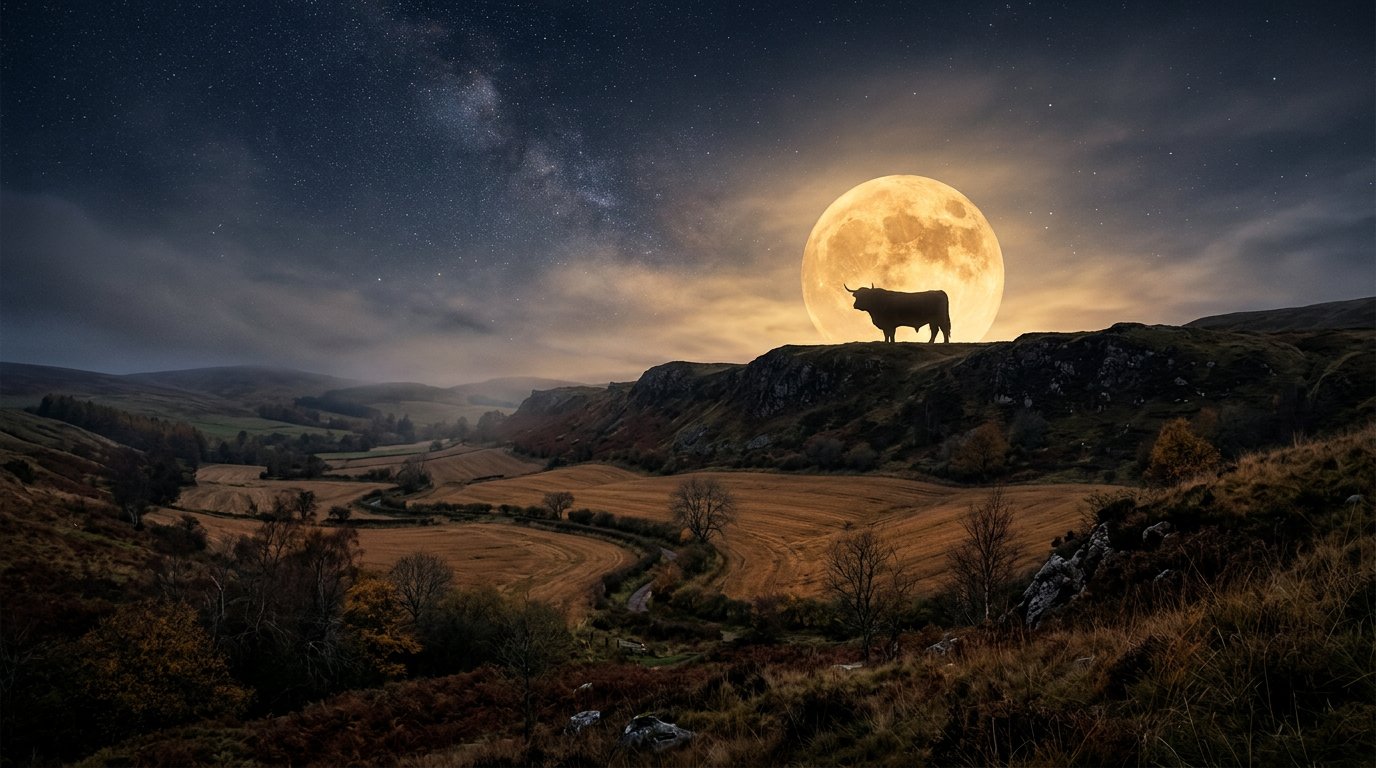 A golden Hunter's Moon rising over an autumn ridge with a calm bull silhouetted against the night sky