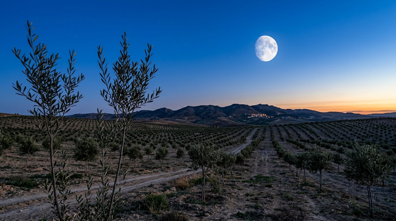 A waxing moon rising over rows of young olive trees at dusk
