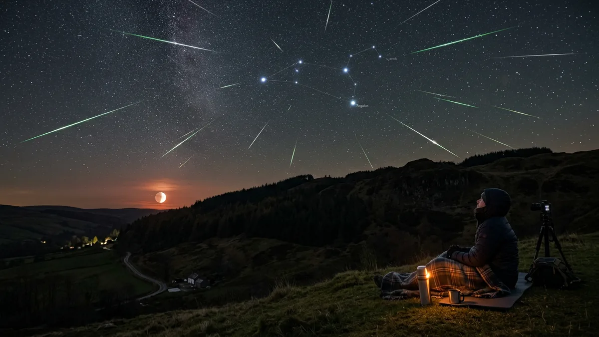 Bright green and white Leonid meteors streaking from the constellation Leo above a dark hillside with a half moon setting and a person watching from a blanket