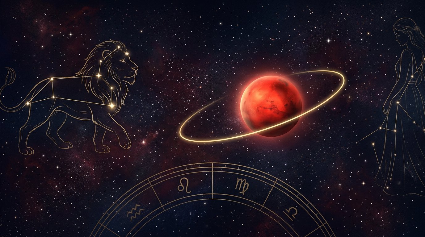 Mars glowing ember-red in a starry night sky, a golden retrograde loop arcing back toward the constellation Leo