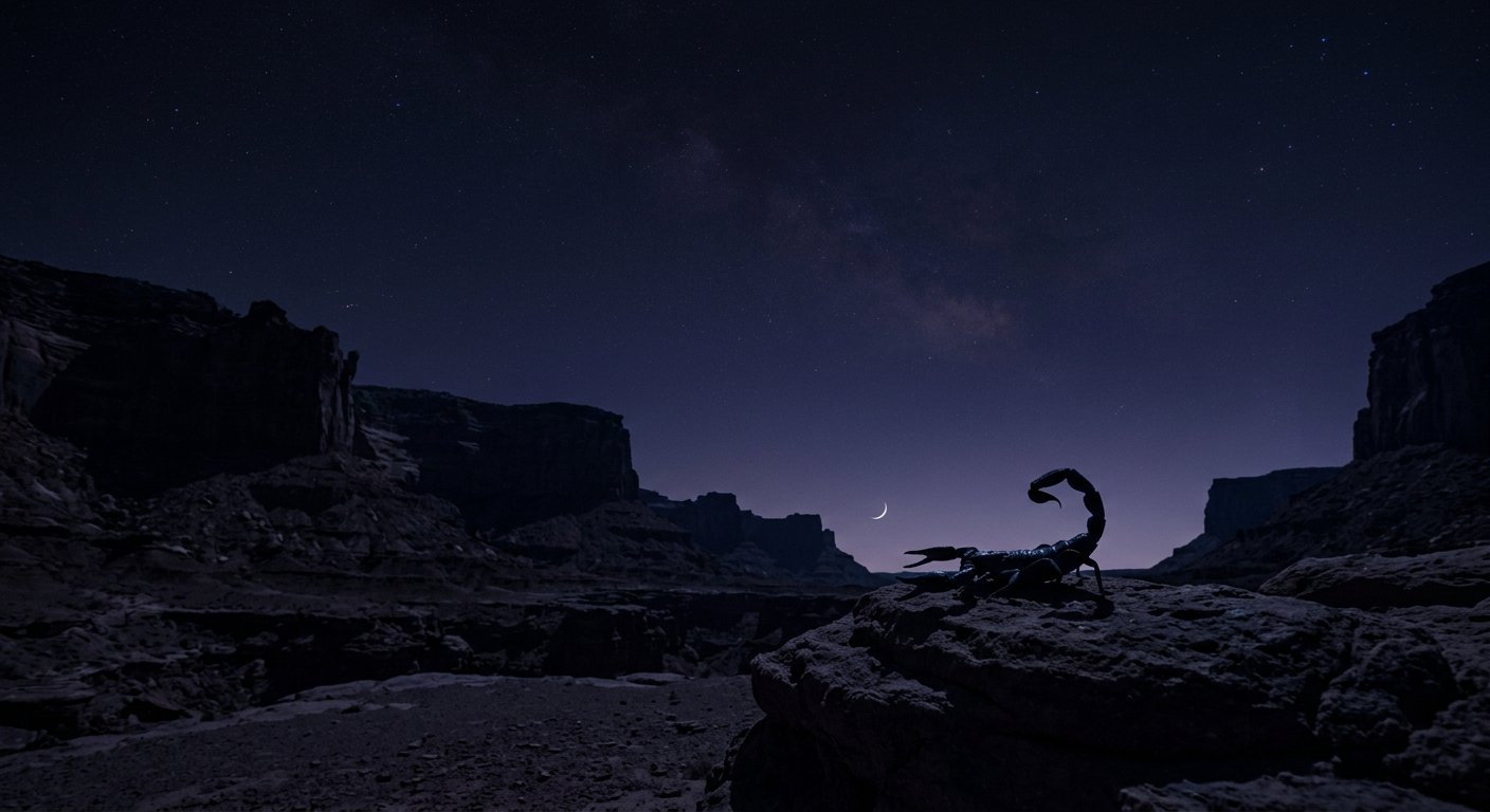 A dark desert night with the faintest silver new moon crescent and a scorpion silhouette on a rock