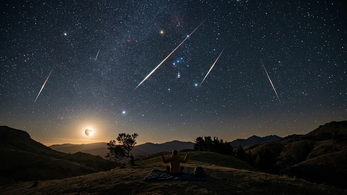 Bright meteors streaking above the constellation Orion with a gibbous moon low on the horizon and a person watching from a blanket
