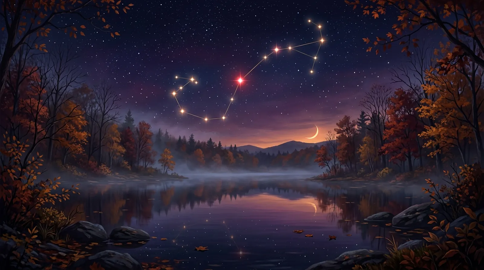 The Scorpius constellation with red Antares glowing over a misty autumn lake and a crescent moon, illustrating Scorpio season 2026