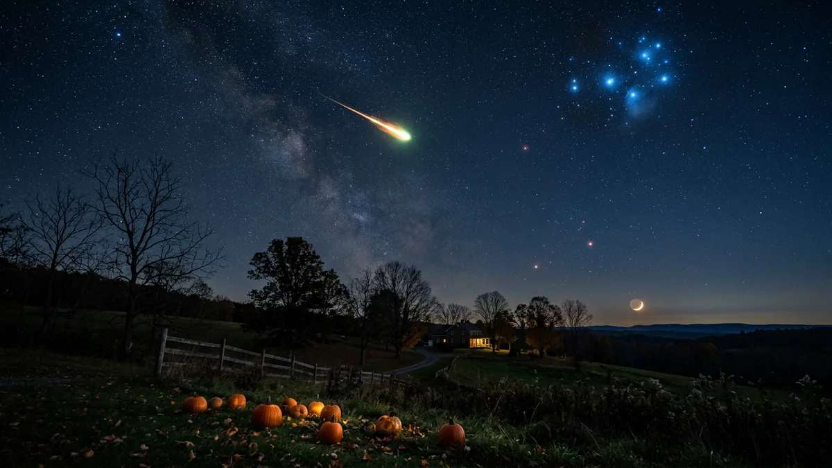 A slow bright orange and green Taurid fireball crossing a starry autumn sky above a hillside farm with pumpkins, the Pleiades cluster and a thin crescent moon