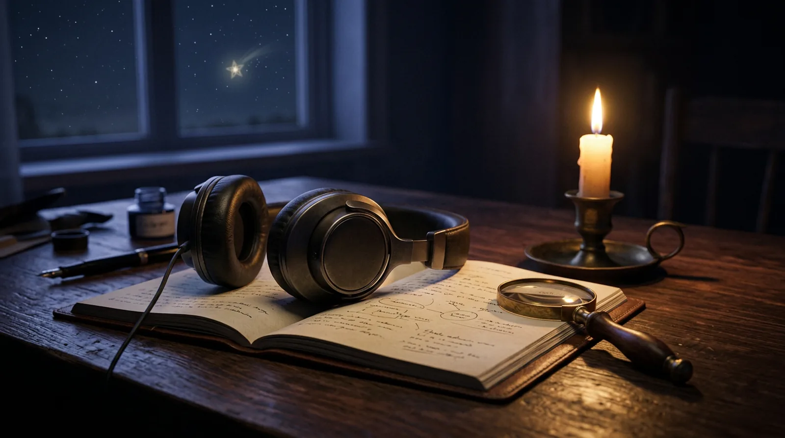 Headphones resting on an open notebook beside a candle and a magnifying glass at night, illustrating an honest review of The Last Wish manifestation audio
